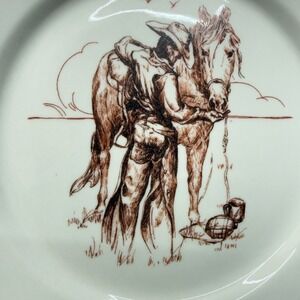 VTG Western Dinner Plates Set of 2 Cowboy Horse Scene  Brown White Totally Today